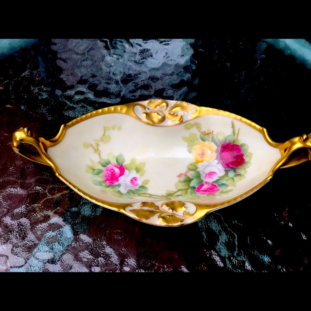 Beautiful Limoges France vintage porcelain dish, 9” long floral with gold